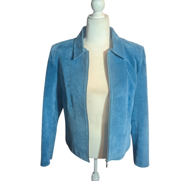 Vtg Suede Leather Turquoise Blue Zip Front Boxy Blazer Jacket  Sz 8 - Picture 2 of 10